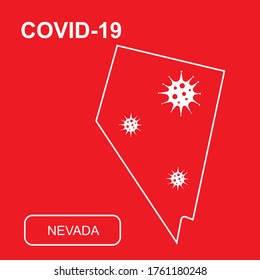 Map of Nevada State labeled "Epidemic and Quarantine." White outline map of Nevada State on a red background. Vector illustration of a virus, coronavirus, epidemiology.