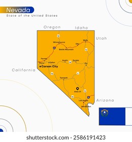 Map of Nevada: vector illustration of the map of the state of Nevada with its flag, capital, main cities and highways