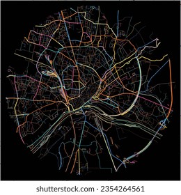 Map of Nevers, Nièvre with all major and minor roads, railways and waterways. Colorful line art on black background.