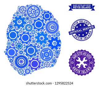 Map of Nevis Island designed with blue wheel symbols, and isolated rubber watermarks for official repair services. Vector abstract collage of map of Nevis Island with repair symbols in blue hues.
