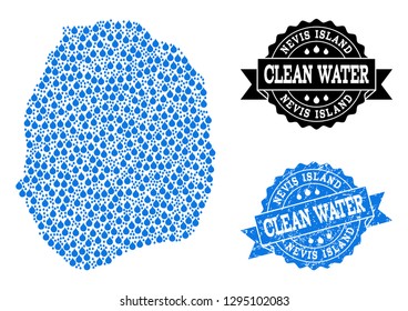 Map of Nevis Island vector mosaic and clean water grunge stamp. Map of Nevis Island designed with blue water dews. Seal with grunge rubber texture for clean drinking water.