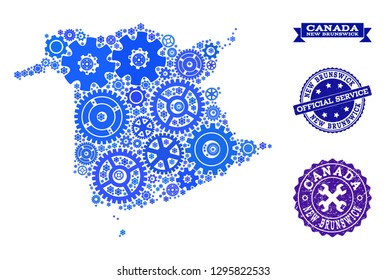 Map of New Brunswick Province composed with blue wheel symbols, and isolated rubber watermarks for official repair services.
