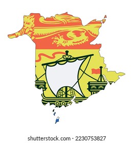 The map of the New Brunswick province with its official flag isolated on white background. Vector illustration