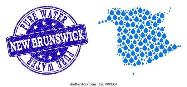 Map of New Brunswick Province vector mosaic and Pure Water grunge stamp. Map of New Brunswick Province designed with blue aqua raindrops. Seal with scratched rubber texture for natural drinking water.