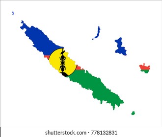 Map Of New Caledonia (France)  With Flag Isolated On White Background.