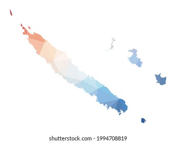 Map of New Caledonia. Low poly illustration of the country. Geometric design with stripes. Technology, internet, network concept. Vector illustration.