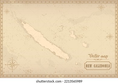 Mapa de Nueva Caledonia en el estilo antiguo, gráficos marrones en estilo retro de fantasía.