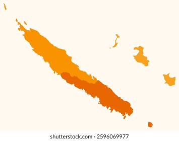 Map of New Caledonia with regions. Just a simple country border map with region division. Orange color palette. Blank New Caledonia shape with administrative division. Vector illustration.