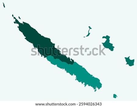 Map of New Caledonia with regions. Just a simple country border map with region division. Teal color palette. Plain New Caledonia shape with administrative division. Vector illustration.
