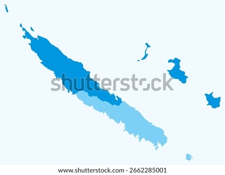 Map of New Caledonia with regions. Just a simple country border map with region division in a light blue color palette. Plain New Caledonia shape with administrative division. Vector illustration.