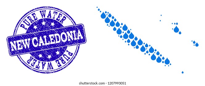 Map of New Caledonia vector mosaic and Pure Water grunge stamp. Map of New Caledonia designed with blue water raindrops. Seal with corroded rubber texture for clean drinking water.
