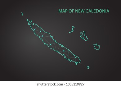 Map of New Caledonia. Wire frame 3D mesh polygonal network line, design sphere, dot and structure. communications map of New Caledonia. Vector Illustration EPS10. - Vector