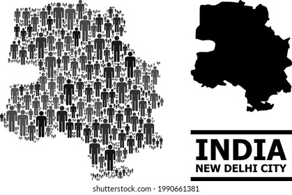 Map of New Delhi City for political propaganda. Vector population abstraction. Concept map of New Delhi City constructed of population icons. Demographic concept in dark gray color tones.