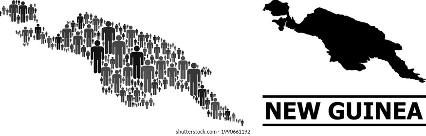 Map of New Guinea Island for demographics promotion. Vector demographics mosaic. Mosaic map of New Guinea Island made of population elements. Demographic scheme in dark gray color tints.