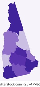 Map of New Hampshire with counties. A simple state border map with county divisions. Features a deep purple color palette. Flat design of the state shape with administrative divisions. Vector illustration.