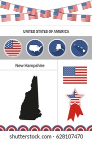 Map of New Hampshire. Set of flat design icons nfographics elements with American symbols.