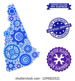 Map of New Hampshire State composed with blue engine symbols, and isolated scratched stamps for official repair services.