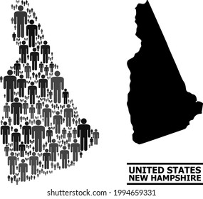 Map of New Hampshire State for demographics applications. Vector demographics mosaic. Collage map of New Hampshire State done of guy items. Demographic scheme in dark grey color hues.