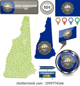 Map of New Hampshire state, US with flag and counties. Vector image