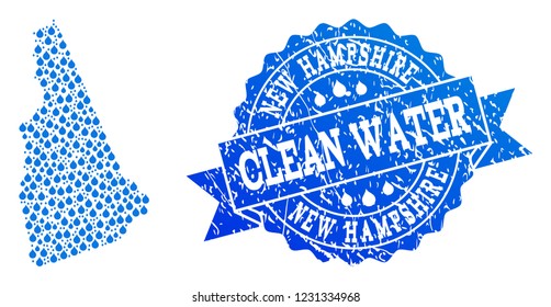 Map of New Hampshire State vector mosaic and clean water grunge stamp. Map of New Hampshire State composed with blue water tears. Seal with corroded rubber texture for clean drinking water.