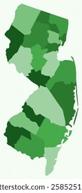 Map of New Jersey with counties. Just a simple state border map with county division. Green color palette. Blank State of New Jersey shape with administrative division. Vector illustration.