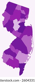 Map of New Jersey with counties. Just a simple state border map with county division. Purple color palette. Plain State of New Jersey shape with administrative division. Vector illustration.