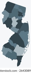 Map of New Jersey with counties. Just a simple state border map with county division. Blue grey color palette. Blank State of New Jersey shape with administrative division. Vector illustration.