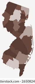 Map of New Jersey with counties. Just a simple state border map with county division. Brown color palette. Plain State of New Jersey shape with administrative division. Vector illustration.