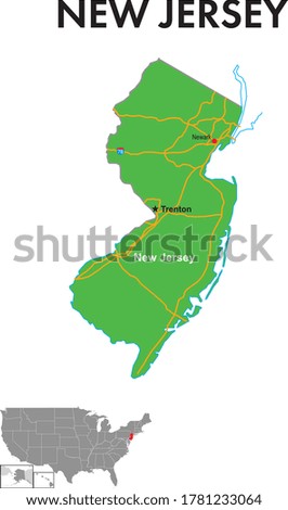 A map of New Jersey. The map depicts the state capitals, major cities and highways.