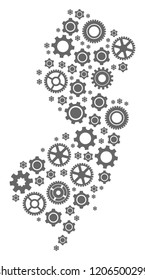 Map of New Jersey State designed with gray engine symbols. Vector abstract collage of map of New Jersey State with repair symbols. Engineering flat design for factory posters.