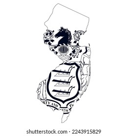 Map of the New Jersey state with the official flag in white and black colors isolated on white background. Vector illustration