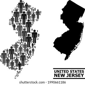 Map of New Jersey State for political applications. Vector demographics mosaic. Mosaic map of New Jersey State constructed of man pictograms. Demographic concept in dark grey color variations.