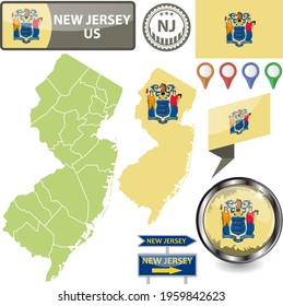 Map of New Jersey state, US with flag and counties. Vector image
