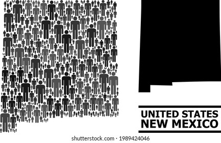 Map of New Mexico State for political propaganda. Vector nation mosaic. Mosaic map of New Mexico State combined of men pictograms. Demographic scheme in dark grey color hues.