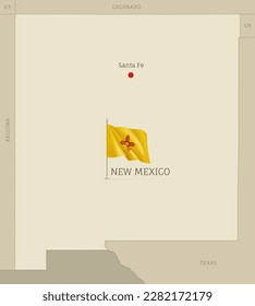 Map of New Mexico USA federal state with waving flag. Highly detailed editable map of New Mexico state with territory borders, neighboring states and Santa Fe capital city vector illustration