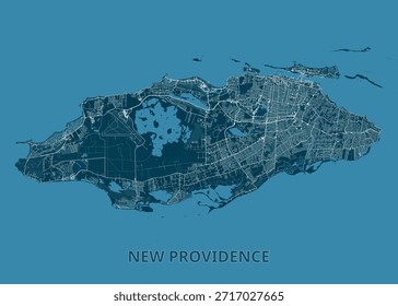 mapa de la Nueva isla de Providence, en tonos azules. La isla está rodeada de agua, y el mapa destaca la intrincada red de carreteras