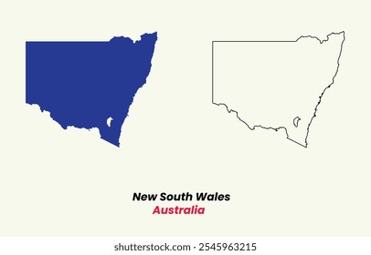 Map of New South Wales, Map of New South Wales with fill colour and outline, Map of Australia state New South Wales, Australia.