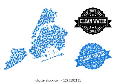 Map of New York City vector mosaic and clean water grunge stamp. Map of New York City composed with blue aqua tears. Seal with grunge rubber texture for clean drinking water.