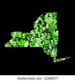 Map of New York with collage of colourful dollar symbols illustration