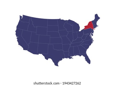 Map of New York. The map is colored in the colors of the US flag. Map shows the location of New York in the USA. This file is appropriate for digital editing and prints of all sizes.