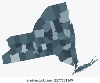 Map of New York with counties. Just a simple state border map with county division. Blue grey color palette. Plain State of New York shape with administrative division. Vector illustration.