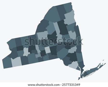 Map of New York with counties. Just a simple state border map with county division. Blue grey color palette. Plain State of New York shape with administrative division. Vector illustration.