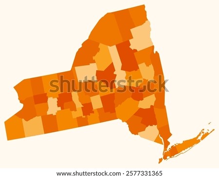 Map of New York with counties. Just a simple state border map with county division. Orange color palette. Flat State of New York shape with administrative division. Vector illustration.