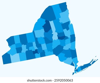 Map of New York with counties. A simple state border map with county divisions. Light blue color palette. Plain State of New York shape with administrative division. Vector illustration.