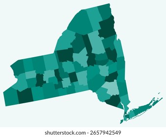 Mapa de la Nueva York con condados. Solo un simple mapa de la frontera estatal con la división del condado. Paleta de color verde azulado. Estado de Nueva York con división administrativa. Ilustración vectorial.
