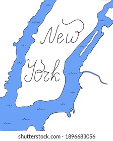 a map of new york. Manhattan Island. East River and Hudson are blue. The city is white. Vector illustration 