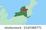 Map of New York with pin of country capital. New York Map with neighboring countries in green color.