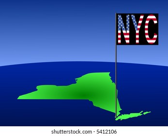 Mapa de Nueva York con la posición de la ciudad de Nueva York marcado por la ilustración de la bandera