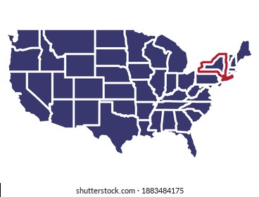 Karte von New York. Die Karte zeigt die Lage von New York in den USA. Die Karte ist mit den Farben der US-Flagge gefärbt. Diese Datei eignet sich für die digitale Bearbeitung und Ausdrucke aller Größen.