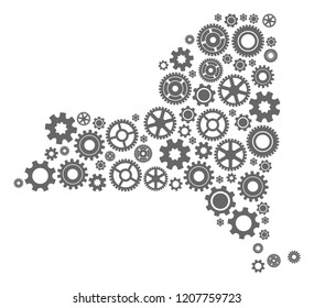 Map of New York State composed with gray engine items. Vector abstract mosaic of map of New York State with mechanics symbols. Engineering flat design for technology illustrations.